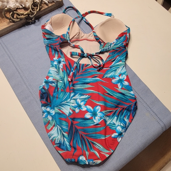 Merona One-Piece swimsuit small Red Palm Print - Picture 2 of 3